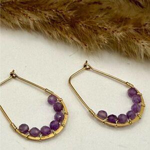 Natural Amethyst Gemstone Hoop Earrings February Birthstone